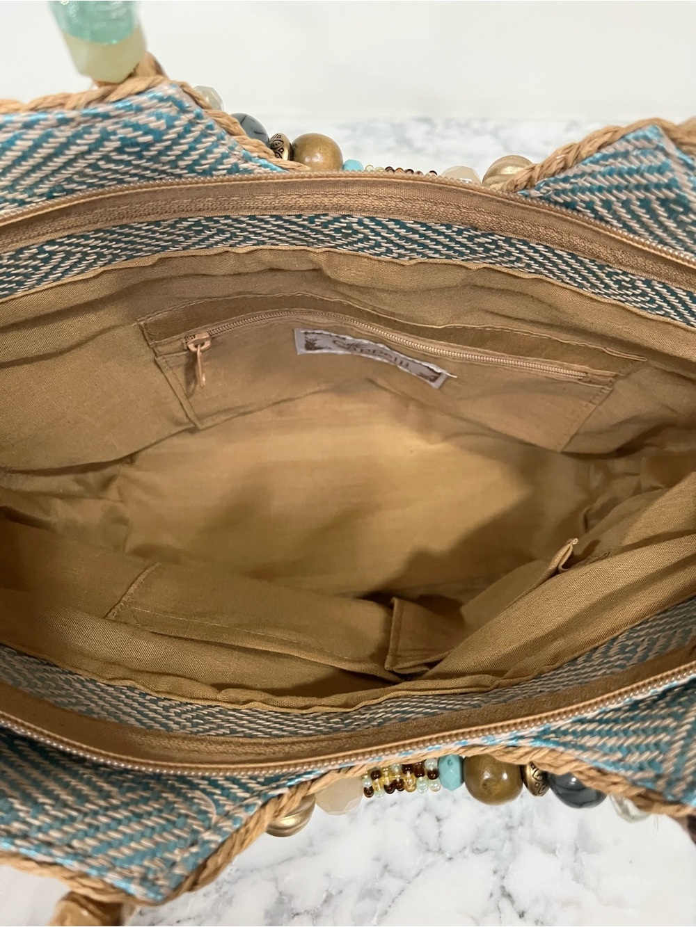 Cappelli pastel blue tan woven straw handbag tote colorful beaded handle coastal - Picture 7 of 9